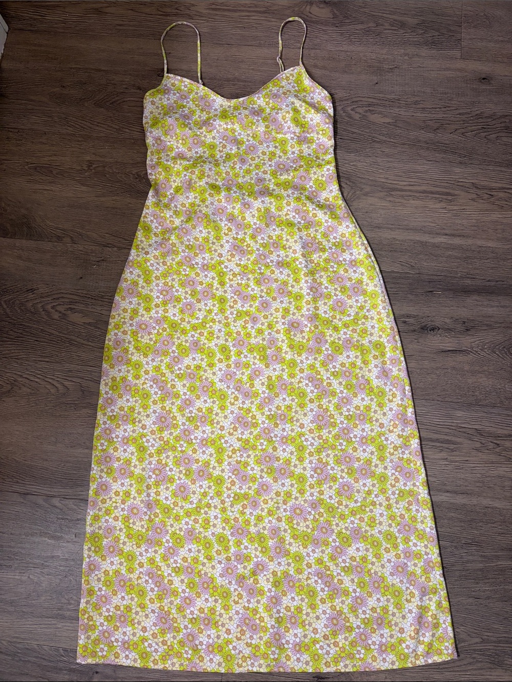 🍋‍🟩ZARA Floral Spaghetti-Strap Midi Dress in Yellow, Lime green, and Pink